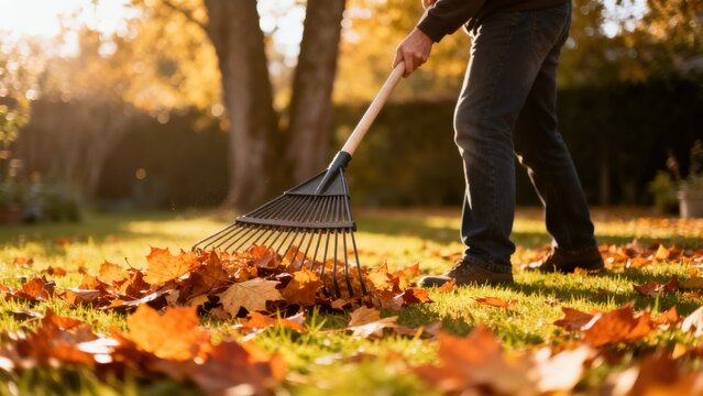 Person raking autumn leaves in garden