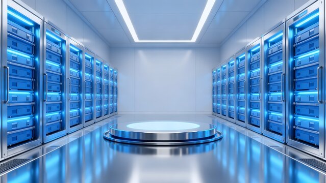 Server room with blue illuminated racks
