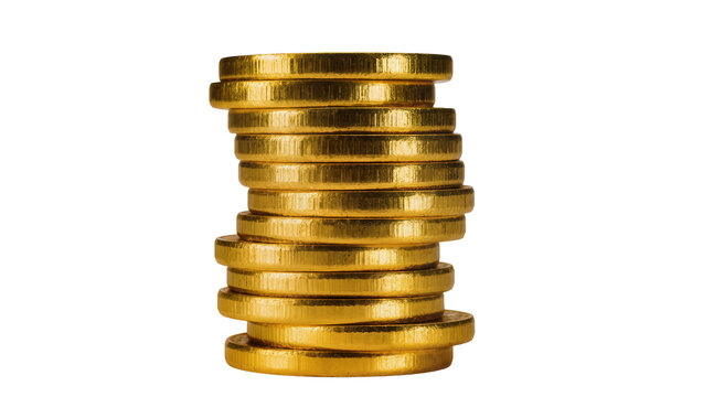 Stack of shiny gold coins, isolated on transparent background