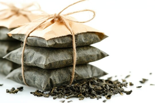 Green tea bag organic tea bag dried tea leaf herbal tea loose tea natural ingredient wrapped package brown paper twine tie stack package