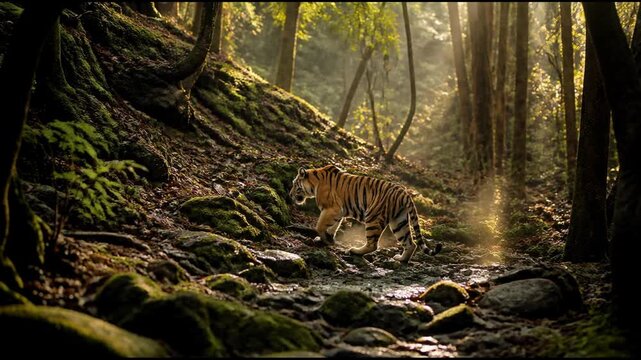 A majestic tiger stalks slowly across the mossy rocky forest floor as its fur ripples in the dappled sunlight. This powerful predator moves with silent grace through a lush jungle wilderness.