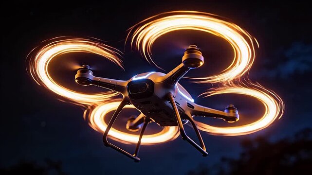 Four rotor drone with orange glowing ring light trails flying in dark night sky