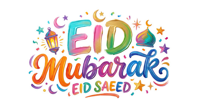 Vibrant and colorful Eid Mubarak Eid Saeed greeting design with festive Islamic symbols and calligraphy.