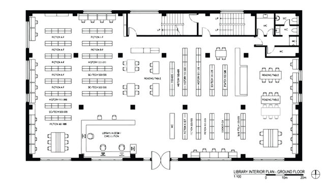 Ground floor plan of a library interior with shelving seating and circulation areas architecture