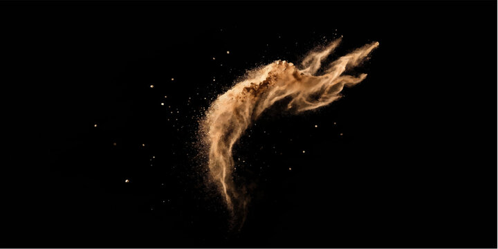 Abstract swirling sand dust cloud formation with particles against a black background, evoking a sense of dynamic movement and natural forces.
