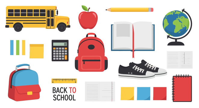 Vibrant flat design collection of essential school supplies and learning items, featuring a classic yellow school bus, ready for students embarking on a new academic year of study
