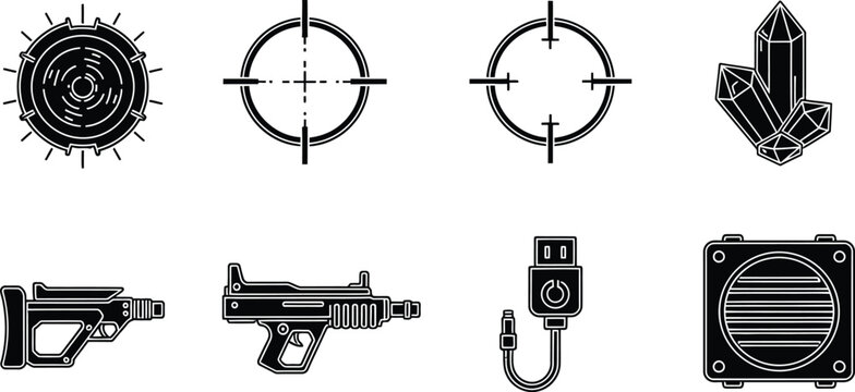 Black and white set, featuring targets, crystals, guns, usb connector, and hard drive crosshairs