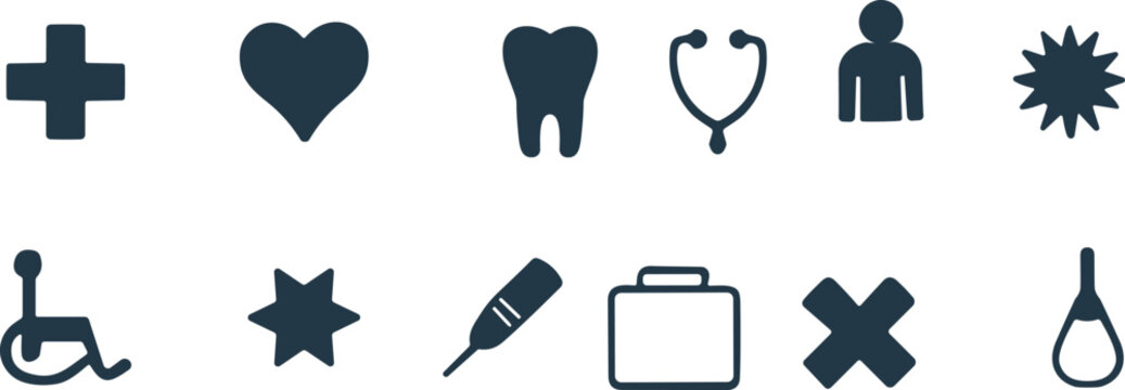 Medical healthcare icons collection with cross heart tooth stethoscope person wheelchair star thermometer first aid kit cross mark dropper, 19 words, 163 characters