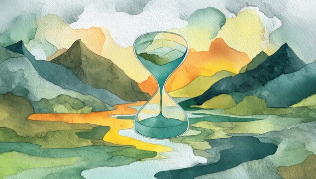 Stylized hourglass on watercolor landscape, representing passage of time