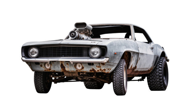 Rusty vintage muscle car with supercharger off-road tires, isolated on transparent background
