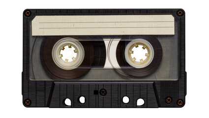 Black audio cassette tape with blank label, isolated on transparent background © Johnson