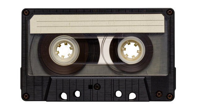Black audio cassette tape with blank label, isolated on transparent background