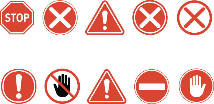 Stop and warning signs for traffic regulation road safety restricted entry prohibition notice exclamation mark hand gesture icon,