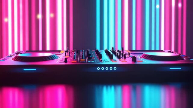 The camera shows a DJ setup with turntables and mixers. Bright lights display colorful patterns in the background. The setup looks ready for a night of fun and dancing
