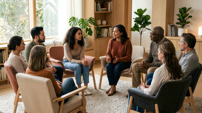 Group discussion meeting in modern bright living room with diverse professionals