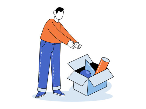 Man stands by an open cardboard box with geometric shapes vector illustration. Creative thinking, logic, education, startup, logistics, development. Male character gesturing toward a package