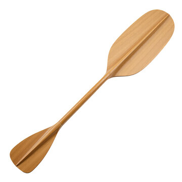 A wooden oar with a paddle on a simple white background