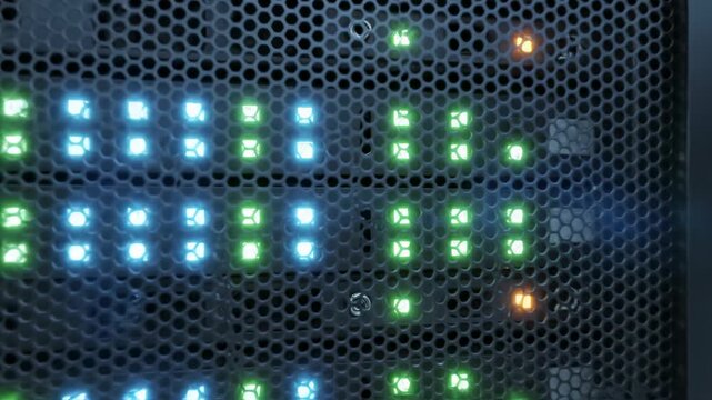 modern data center aisle with rows of glowing server racks, digital information storage, network infrastructure, technology concept, blue and green lights