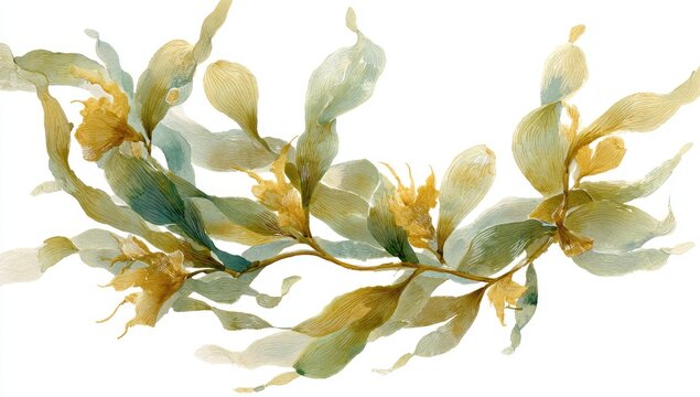 Delicate watercolor illustration of kelp fronds with textured, flowy leaves
