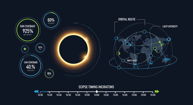 Futuristic infographic detailing a solar eclipse's path and visibility across the globe, showcasing data and scientific insights