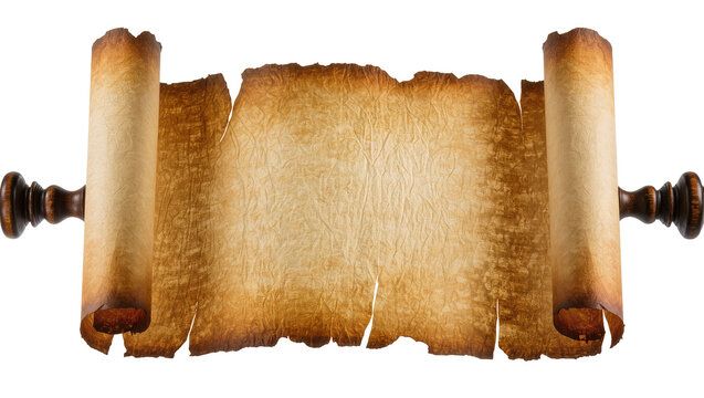 Antique parchment scroll with wooden handles, isolated on transparent background