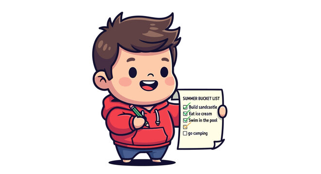 Cartoon boy happily holding programming document checklist.