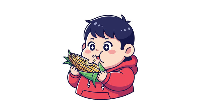 Cute cartoon boy happily eating corn on cob.