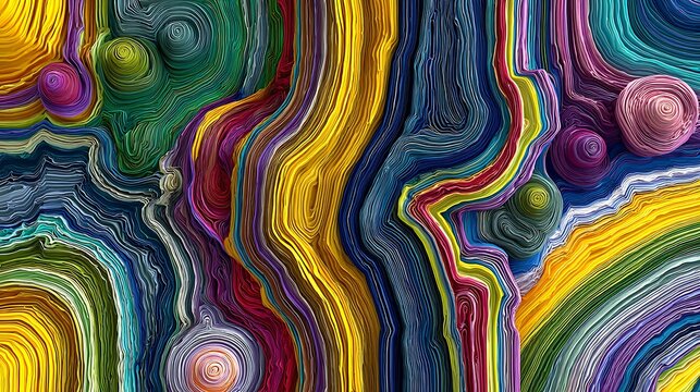 Abstract background with flowing layers of colorful paper in yellow blue green and purple