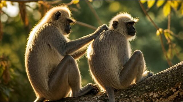 Two grey langurs sit perched on a mossy tree branch with one monkey gently grooming its companion in the dappled sunlight of a lush forest, capturing a serene moment of social bonding in nature.