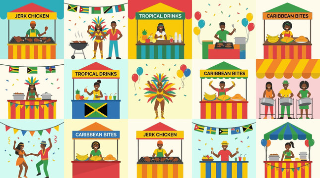 Vibrant Caribbean street food market scene with diverse vendors offering delicious jerk chicken, tropical drinks, and traditional bites at a lively island festival celebration
