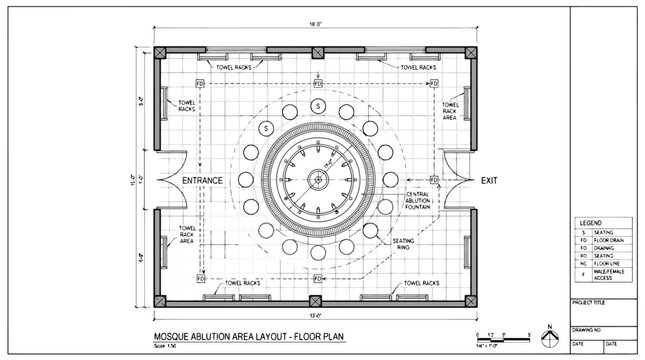 Mosque ablution area floor plan with central fountain and seating wudu area architectural drawing