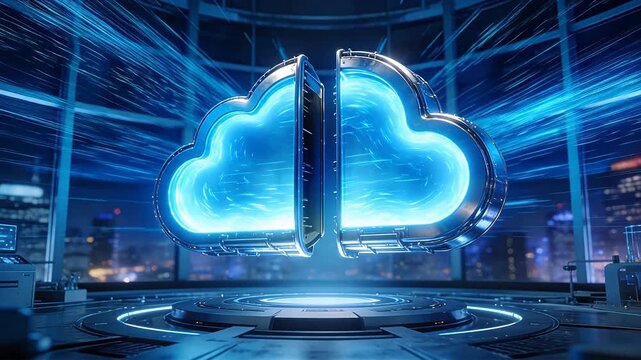 Transparent digital cloud installation on platform with city background