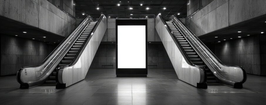 Symmetrical escalators flank a bright digital screen in an empty, modern station
