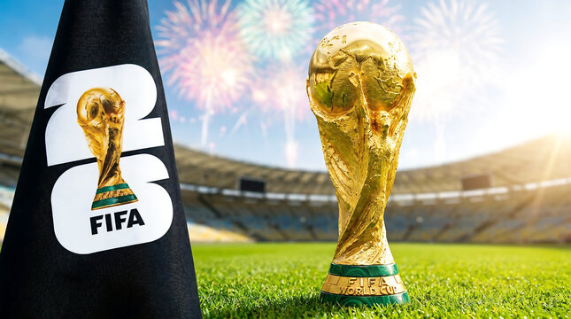 Fifa world cup trophy with flag and fireworks celebration