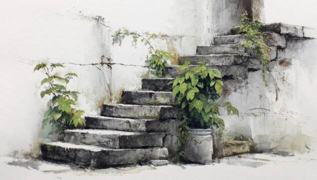 Overgrown stone steps ascend a weathered wall, plants reclaiming ancient architecture