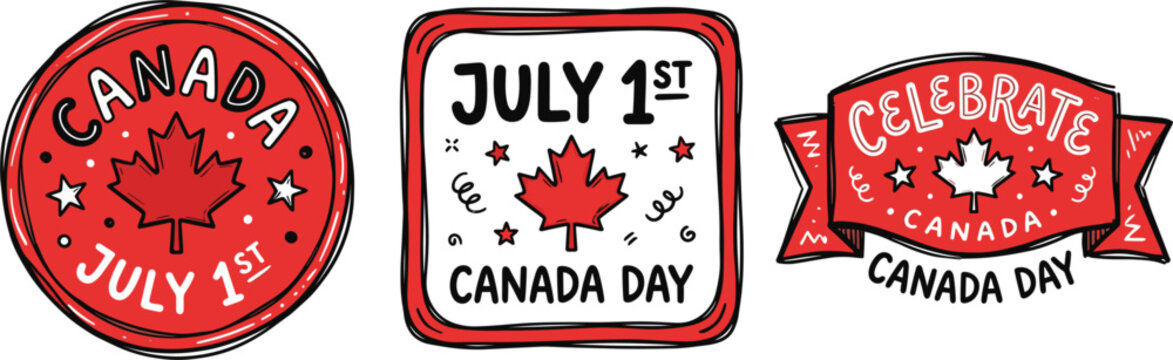 Canada Day icons, patriotic symbols, July 1st badges, national holiday logos isolated on White Background
