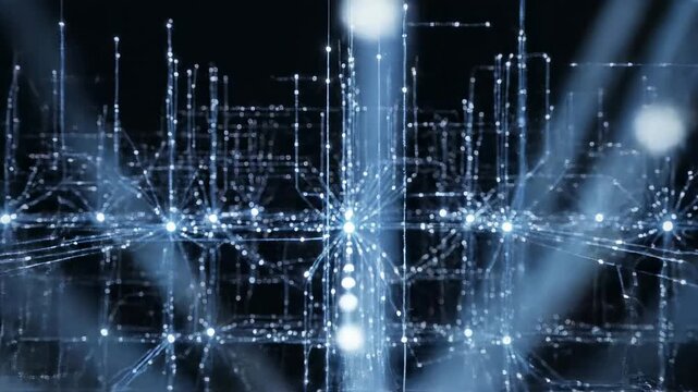 Abstract digital network visualization showing glowing nodes and connecting lines, representing data flow, technology, and futuristic concepts, suitable for science and communication themes