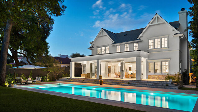 Elegant modern white home with swimming pool covered patio lush backyard at evening property