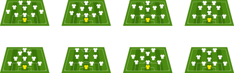 Soccer field. Football pitch. Football field dimensions and goal layouts. Player placement schemes. Court and stadium line style. Football match, futsal, mini-football league scheme. Vector © Volodymyr