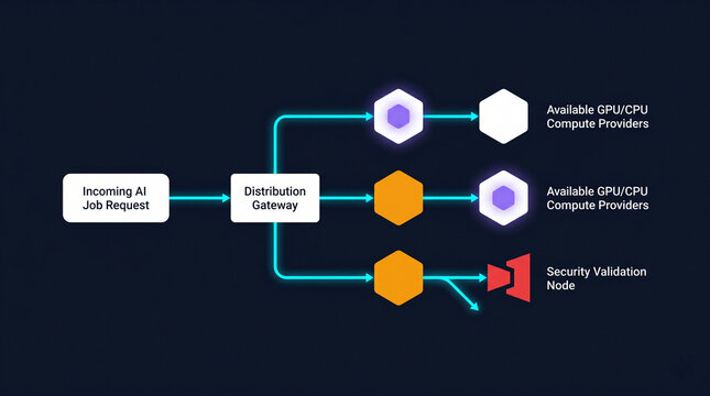 Flat Illustration of Decentralized AI Compute Marketplace Interface with GPU Node Allocation and Distributed Data Processing Slots
