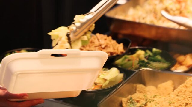 Street food being packed into takeaway plastic container for office lunch