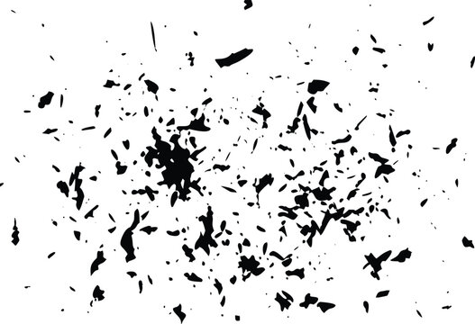 Fragmented black ink shards and scattered marks create a shattered distressed texture on a clean white surface
