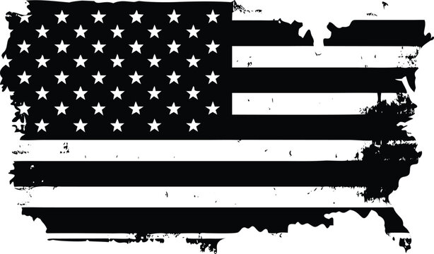 Gritty black and white American flag with stars and stripes fills the outline of the continental United States map