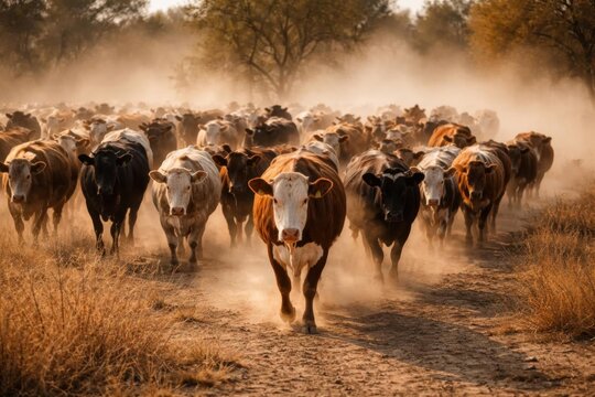 Manada de ganado movi&eacute;ndose a trav&eacute;s de un campo polvoriento durante las condiciones secas del verano