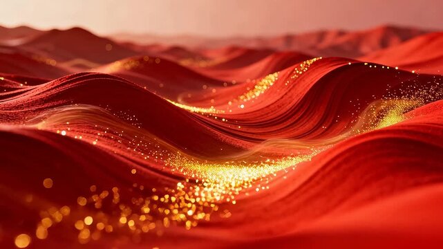 Red fluid waves with golden light spots flowing over a dark background