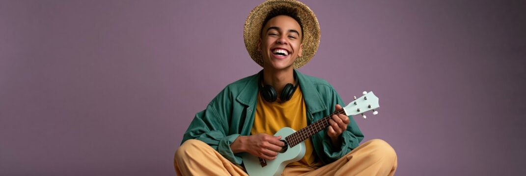 Happy young musician playing ukulele with headphones and straw hat for music banner and portrait background