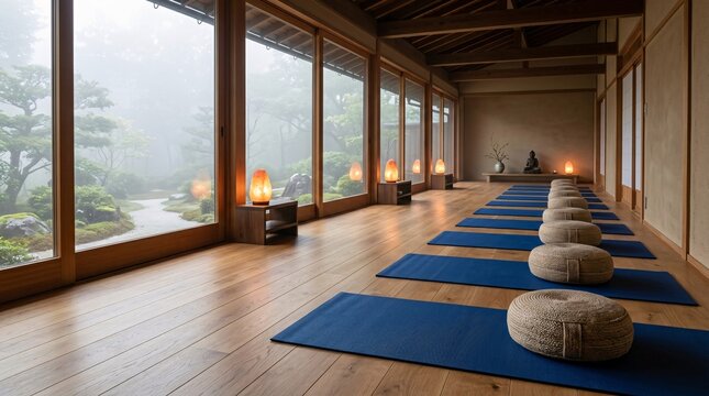 Minimalist zen meditation space featuring long smooth wooden floors, lined with deep sapphire blue mats and beautifully glowing salt lamps.