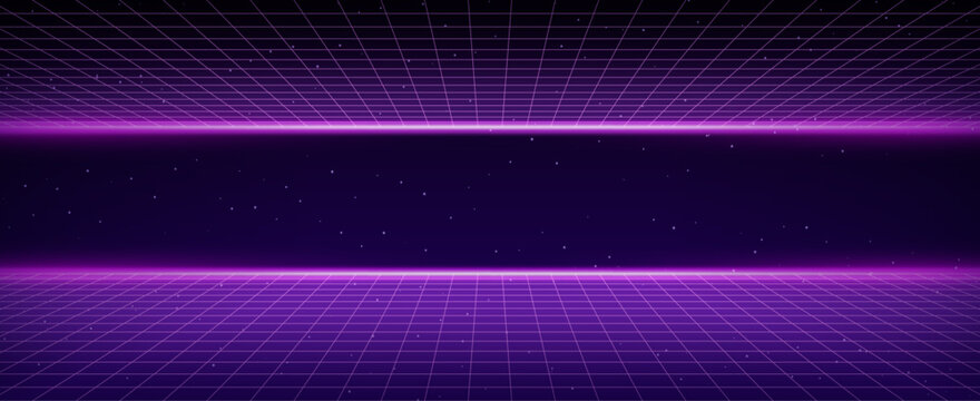Purple glowing neon wireframe background. Futuristic perspective grid. Cyberpunk game or video space. Virtual reality. Cyberspace and metaverse. Retro futurism style. Vector illustration