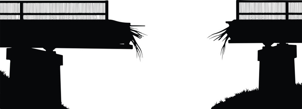 Silhouette of a Broken and Collapsed Concrete Road Bridge Vector Illustration