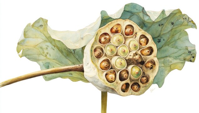 Detailed watercolor painting of a drying lotus seed pod and its leaf
